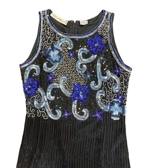 SCALA 100% Silk Beaded Sequined High Neck Back Slit Evening Gown M 179K - Picture 5 of 11